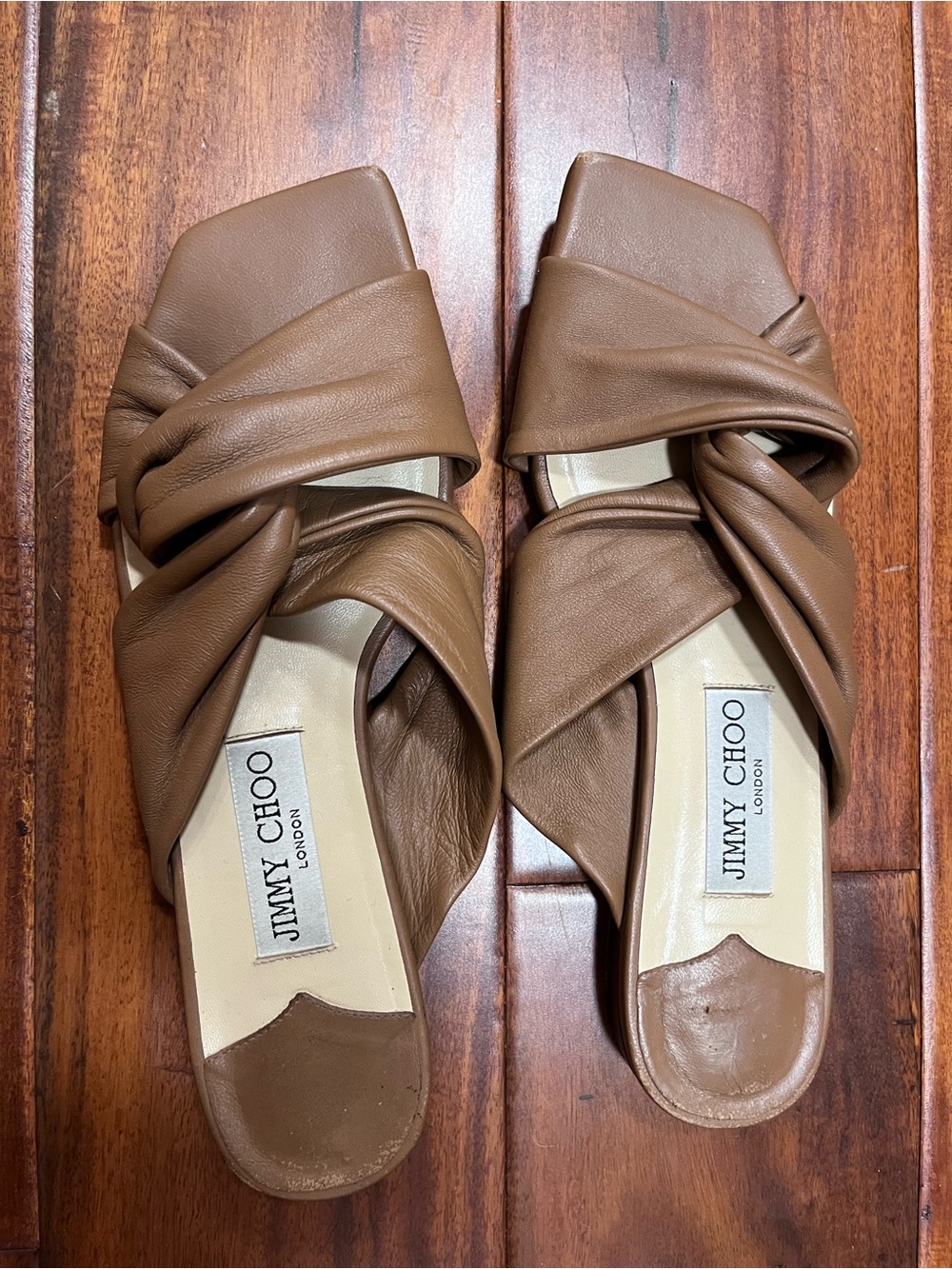 Jimmy Choo Cognac Leather Knot Slide Mules